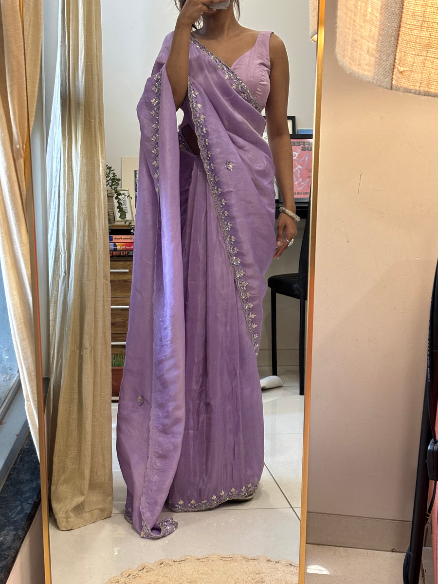 Ira | Satin Saree in Lilac with Sequin Embroidered Leaf Border