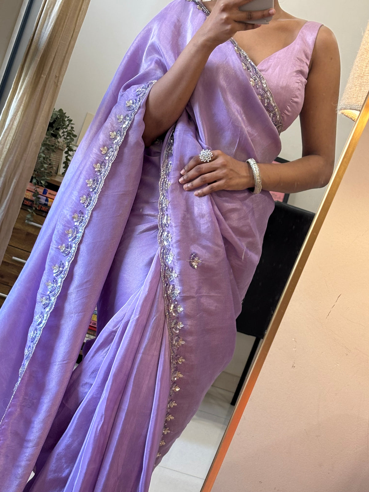 Ira | Satin Saree in Lilac with Sequin Embroidered Leaf Border