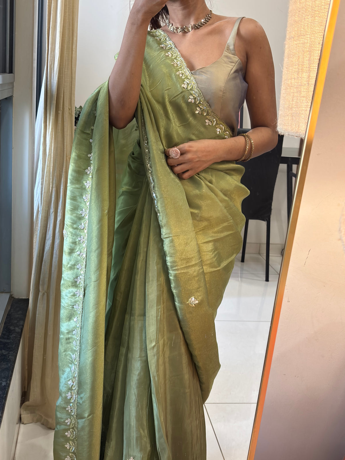 Avni | Satin Saree in Olive Green with Sequin Embroidered Leaf Border