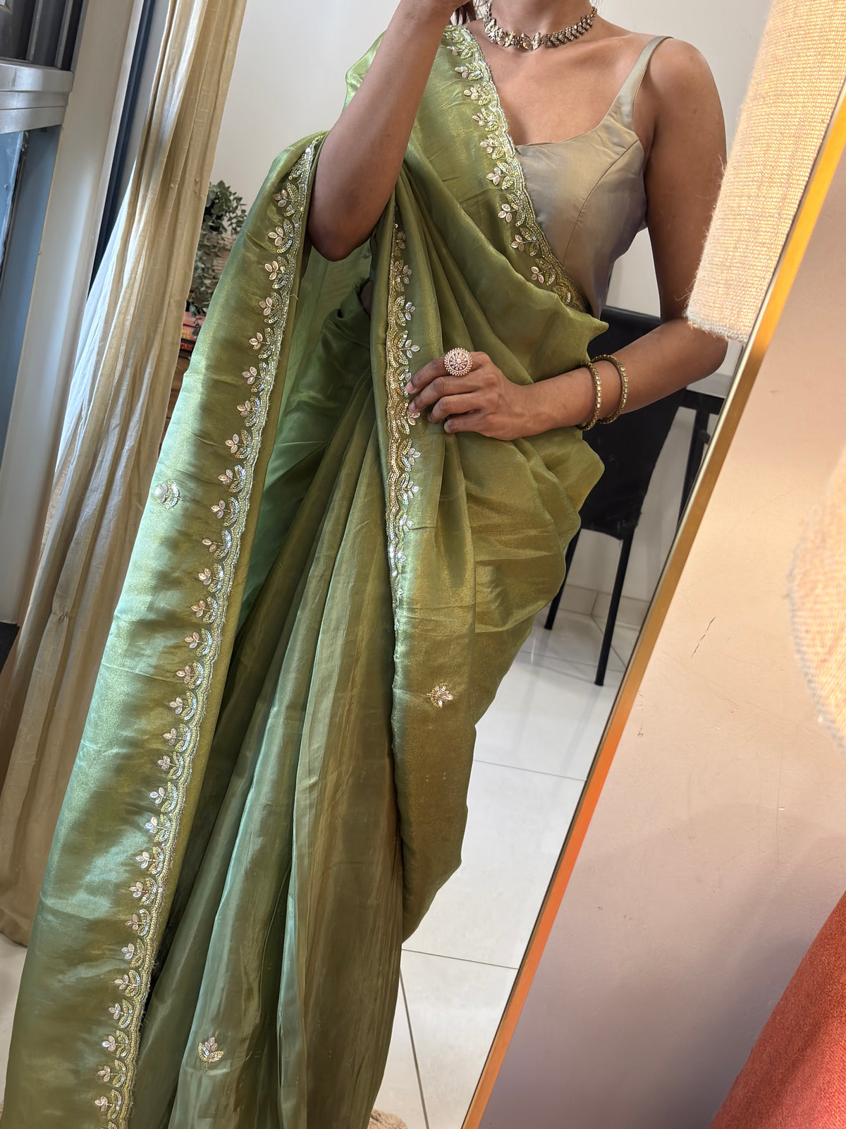 Avni | Satin Saree in Olive Green with Sequin Embroidered Leaf Border