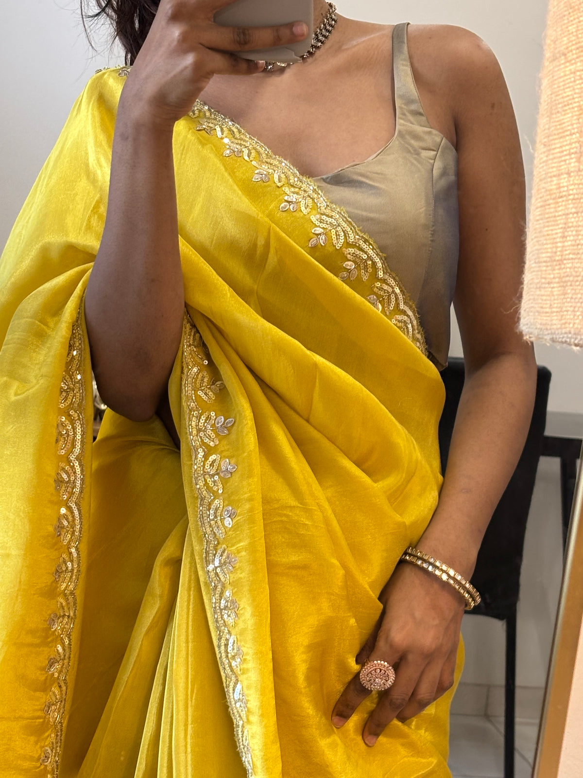 Kiara | Satin Saree in Sunshine Yellow with Sequin Embroidered Leaf Border