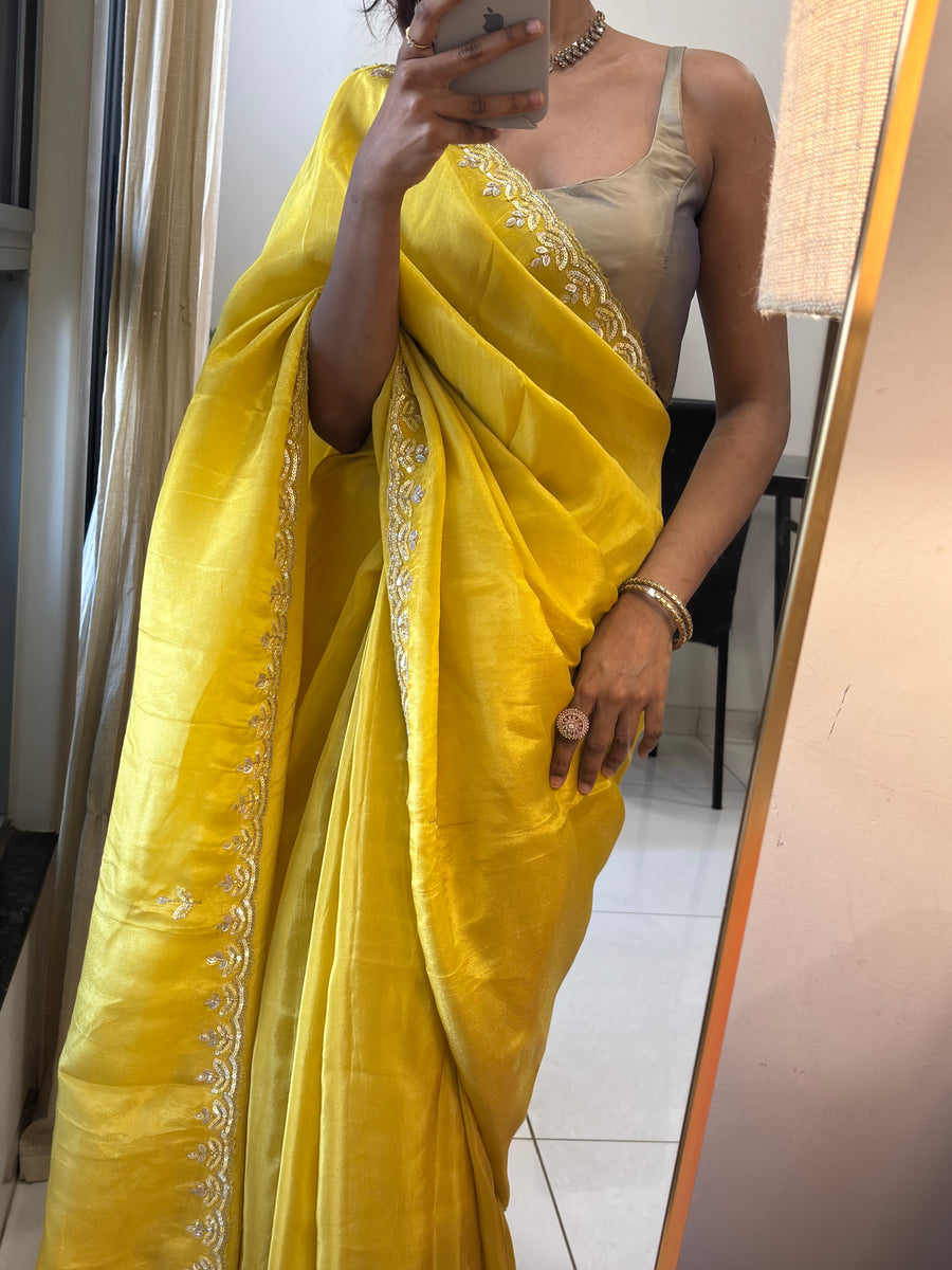 Kiara | Satin Saree in Sunshine Yellow with Sequin Embroidered Leaf Border