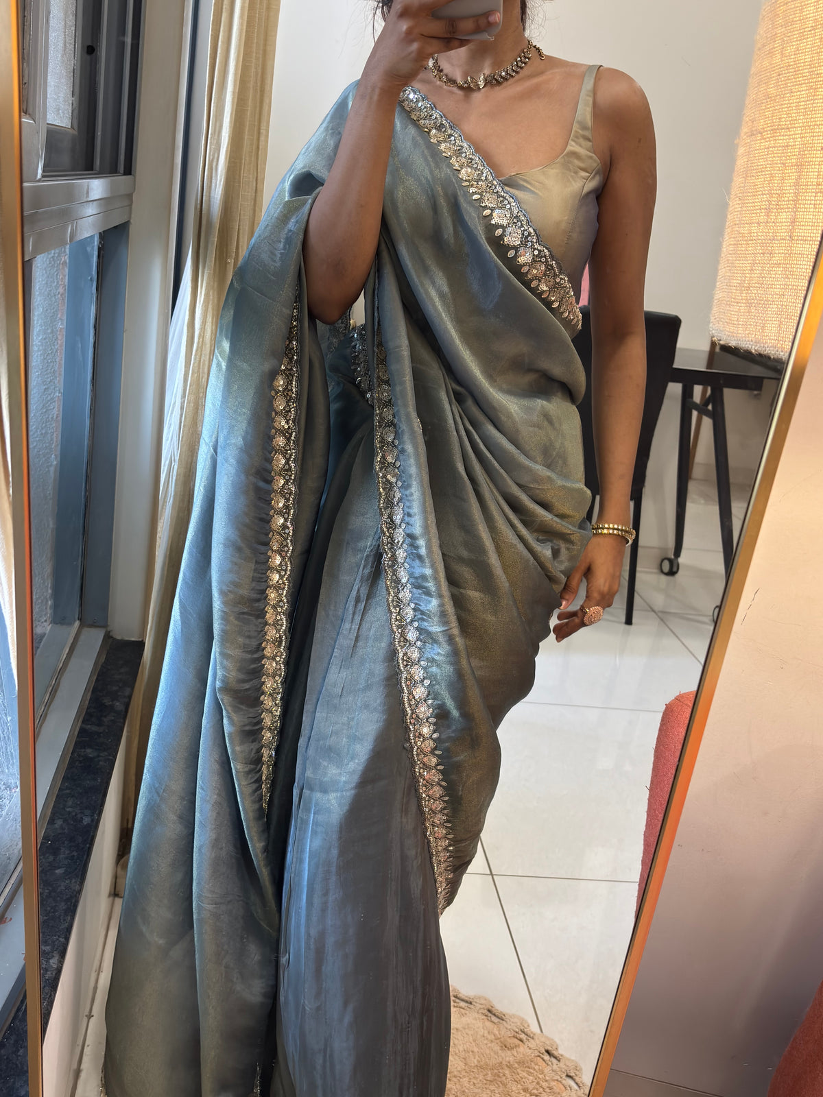 Tara | Satin Saree in Steel Grey with Sequin Embroidered Floral Border and Motifs