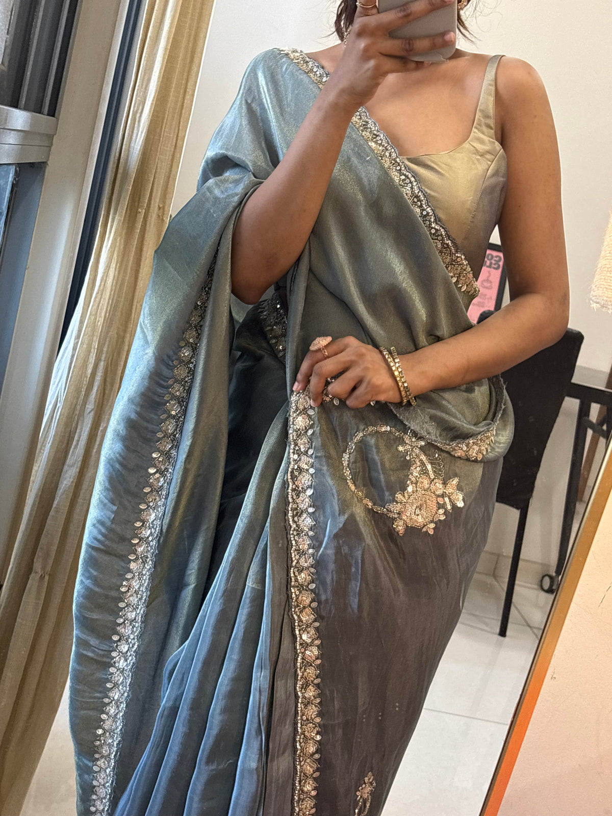 Tara | Satin Saree in Steel Grey with Sequin Embroidered Floral Border and Motifs