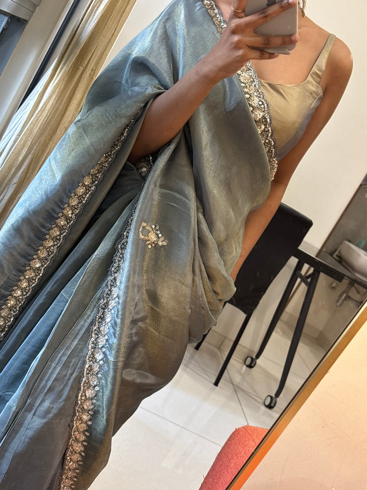 Tara | Satin Saree in Steel Grey with Sequin Embroidered Floral Border and Motifs