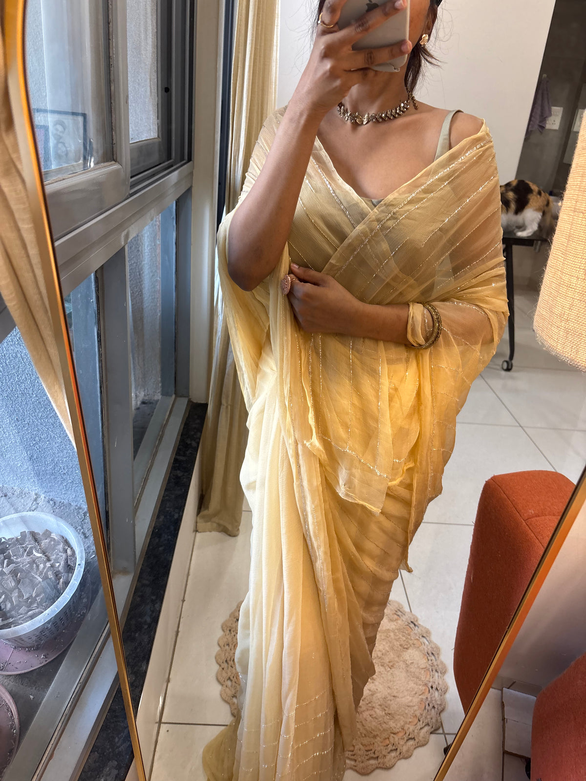 Sunheri | Pure Chiffon Saree in Champagne Gold with Gold and Silver Work