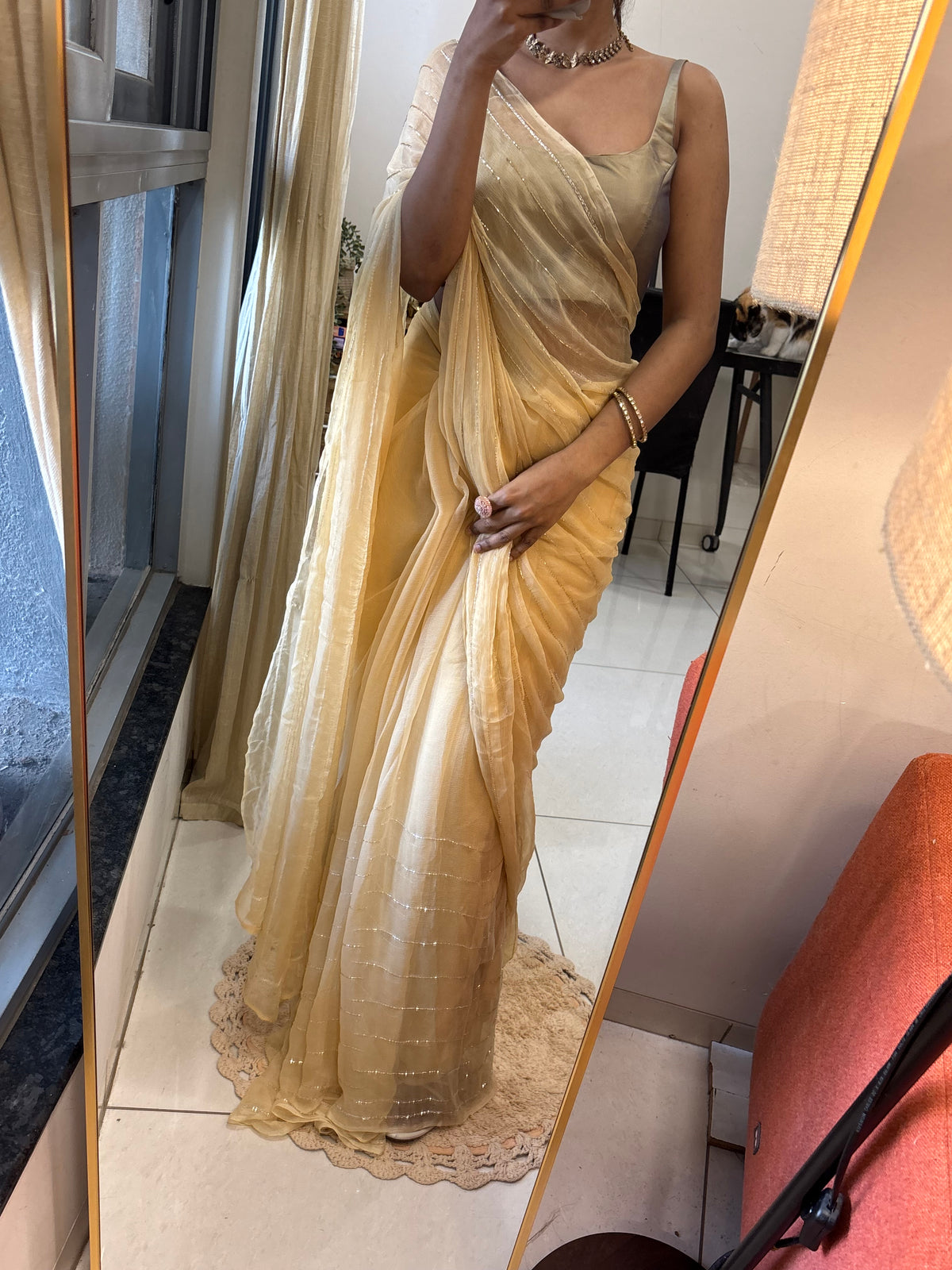 Sunheri | Pure Chiffon Saree in Champagne Gold with Gold and Silver Work