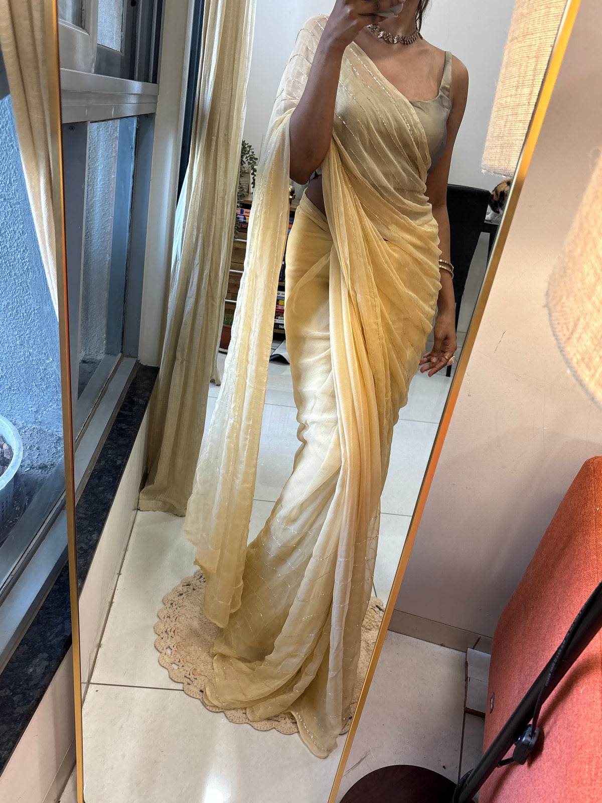 Sunheri | Pure Chiffon Saree in Champagne Gold with Gold and Silver Work