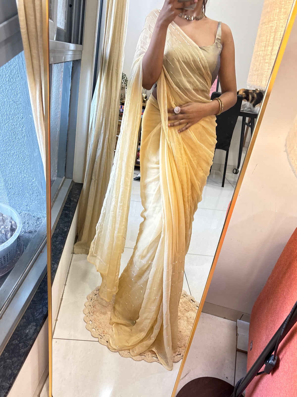 Sunheri | Pure Chiffon Saree in Champagne Gold with Gold and Silver Work