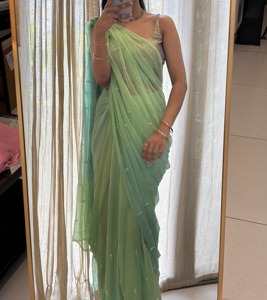 Sukoon | Pure Chiffon Saree in Pistachio Green with Hand-Beaded Buttis and Beaded Border