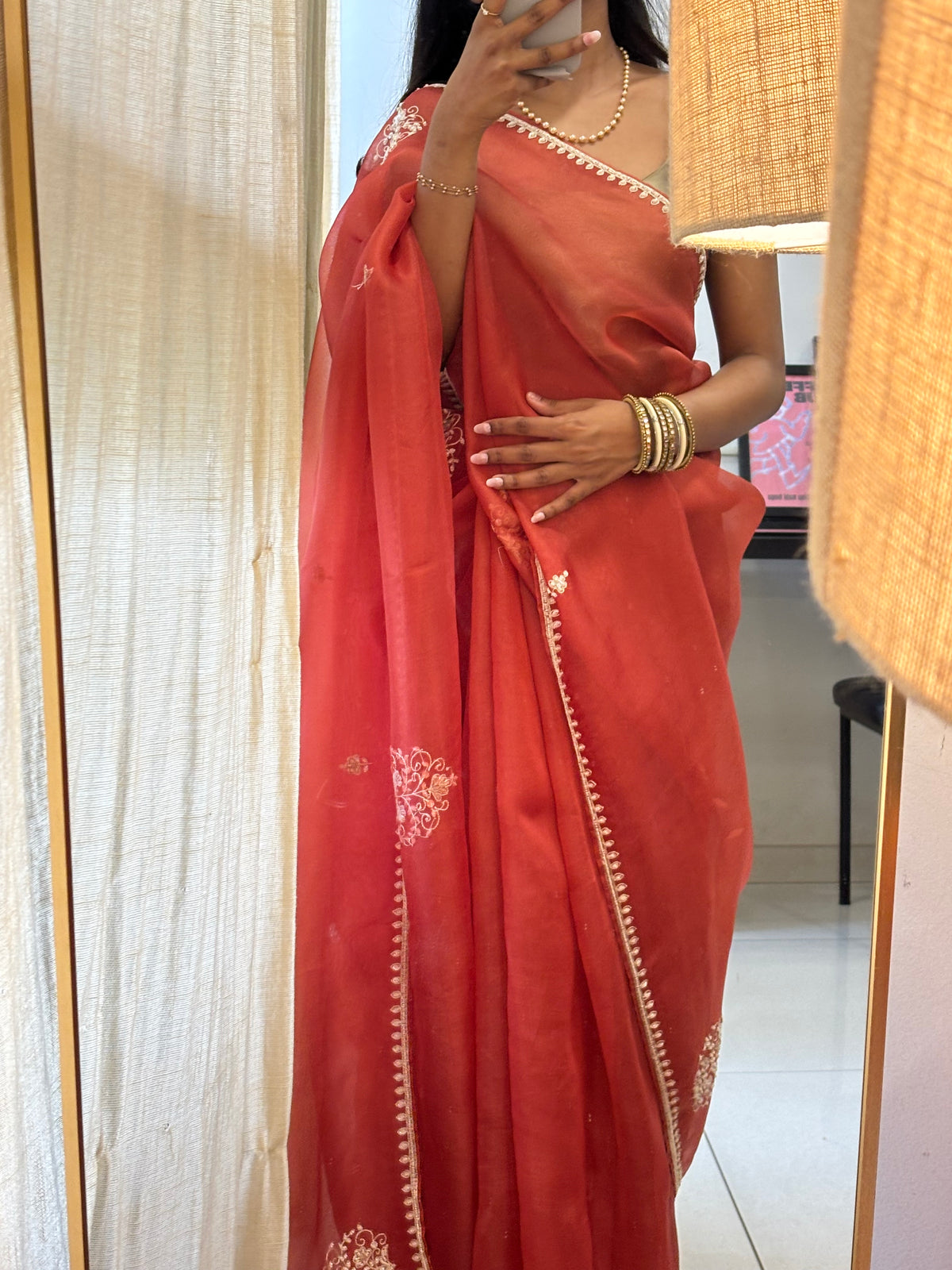 Rangrez | Pure Organza Saree in Rust Orange with Hand Embroidery