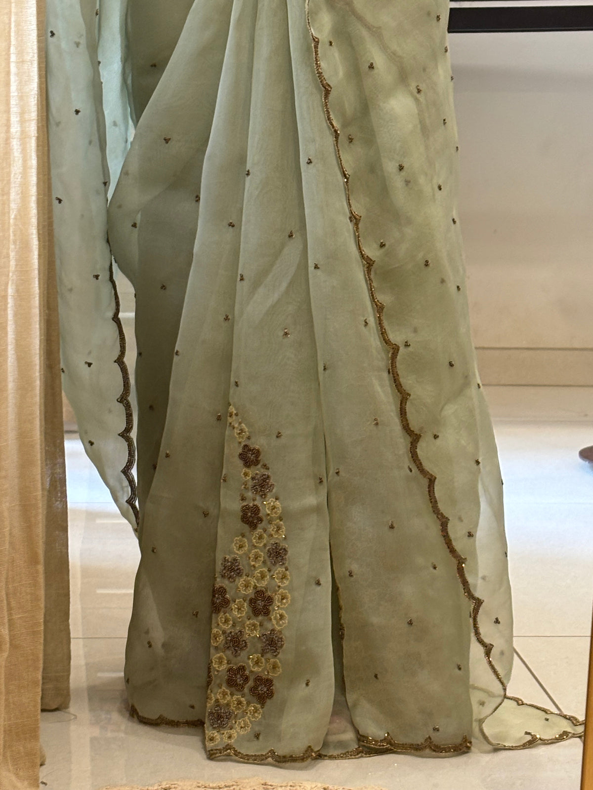Noor | Pure Organza Saree in Pistachio Green with Zardozi and Cutdana Handwork