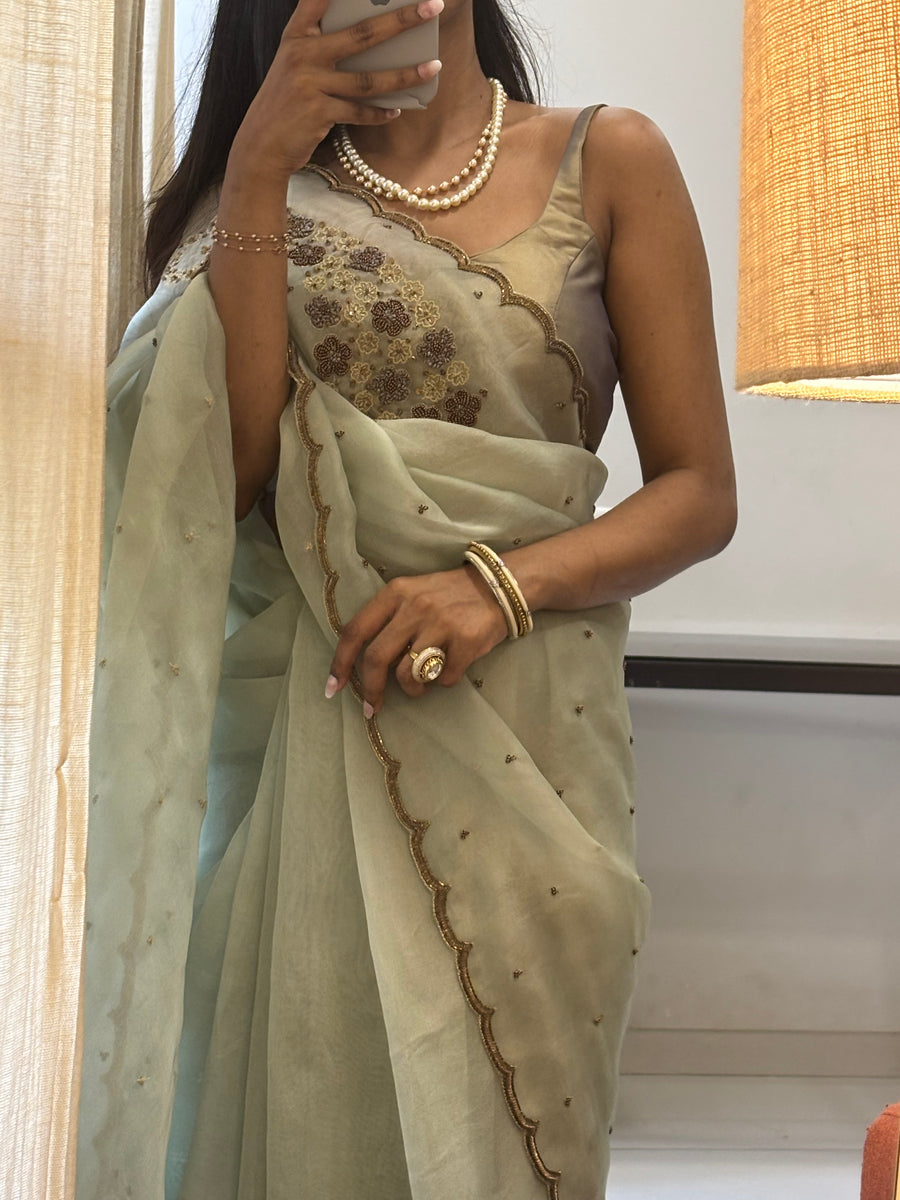 Noor | Pure Organza Saree in Pistachio Green with Zardozi and Cutdana Handwork