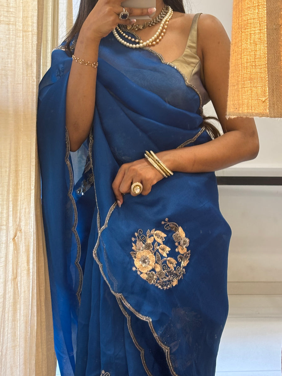 Mohini | Pure Organza Saree in Royal Blue with Zardozi and Cutdana Handwork