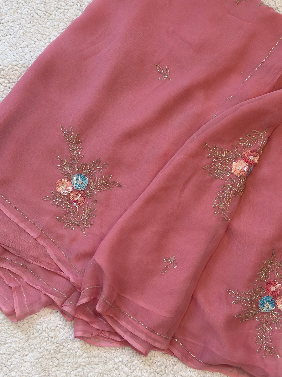 Gulmohar | Pure Chiffon Saree in Dusty Rose with Sequin Bloom Handwork