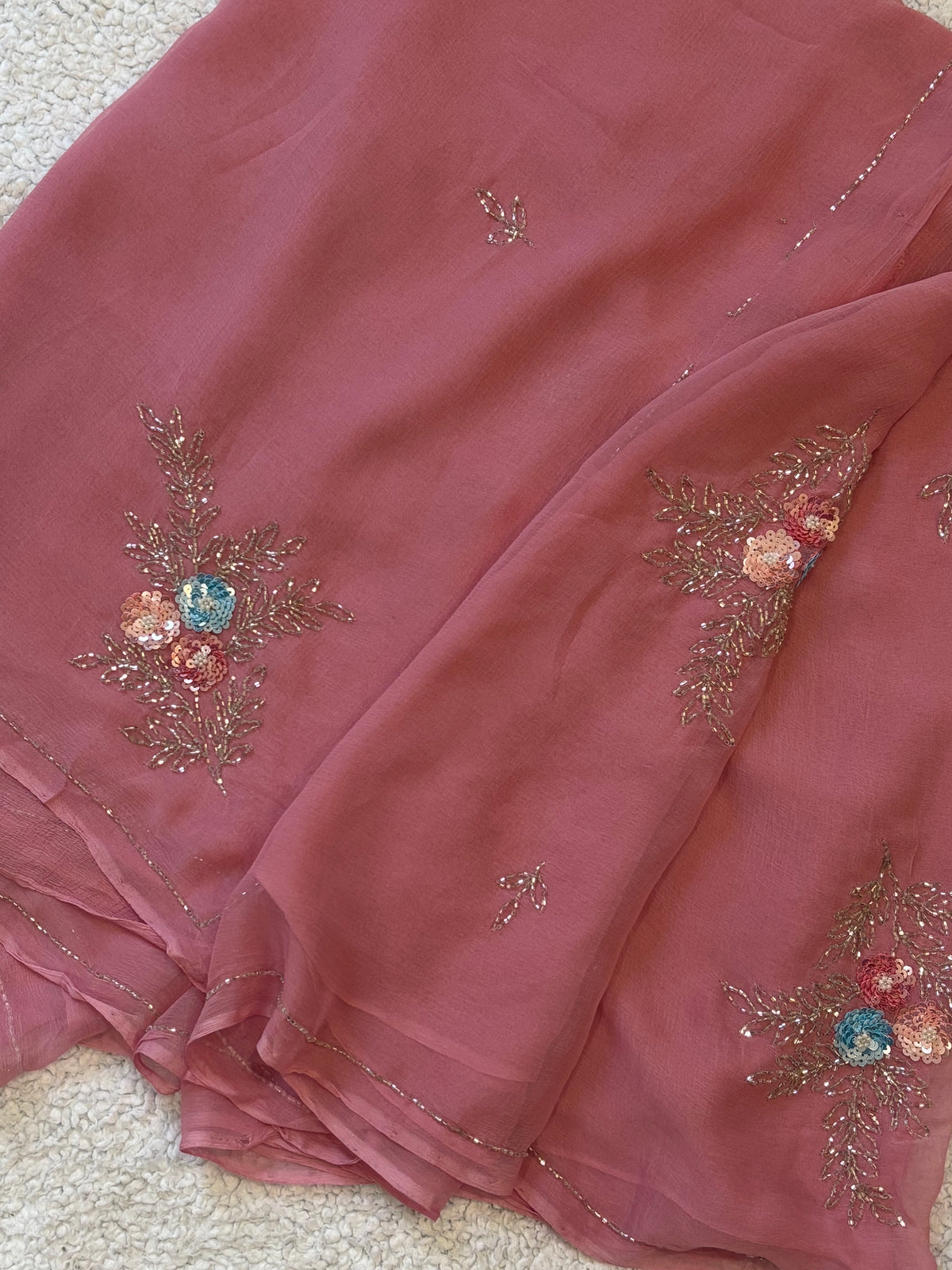 Gulmohar | Pure Chiffon Saree in Dusty Rose with Sequin Bloom Handwork