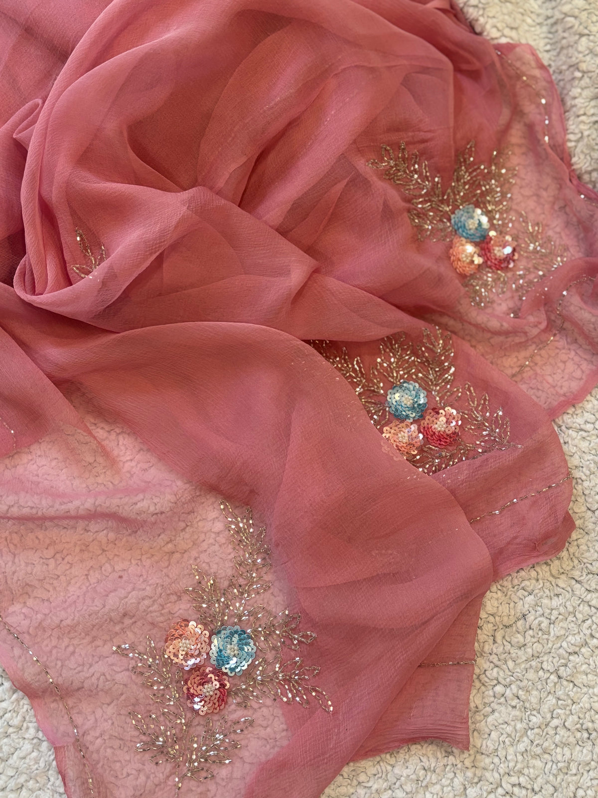 Gulmohar | Pure Chiffon Saree in Dusty Rose with Sequin Bloom Handwork
