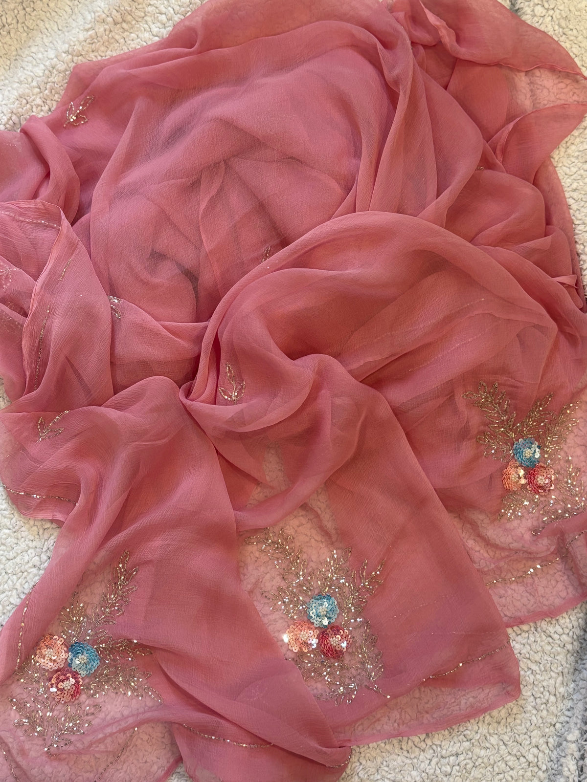 Gulmohar | Pure Chiffon Saree in Dusty Rose with Sequin Bloom Handwork