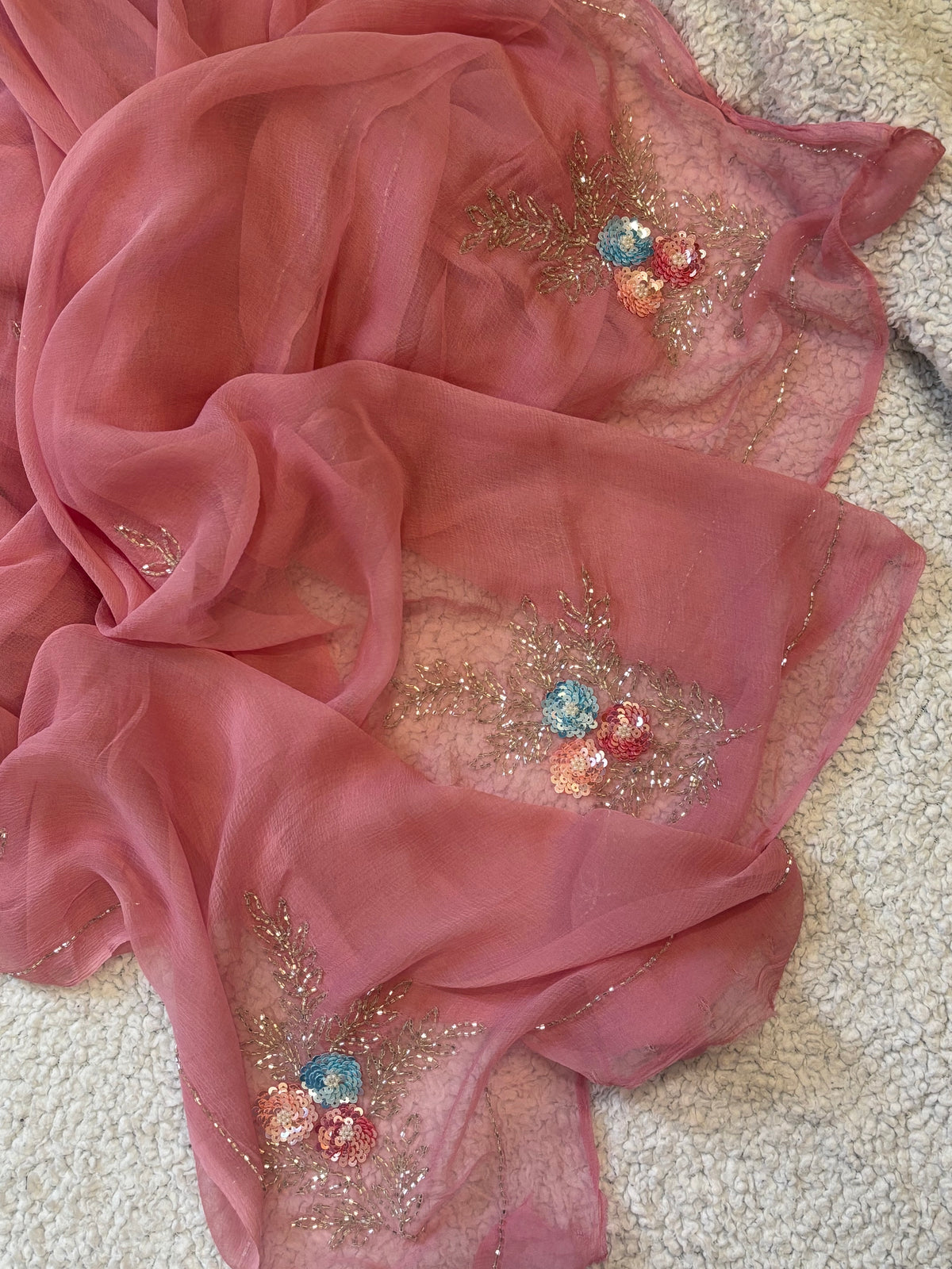 Gulmohar | Pure Chiffon Saree in Dusty Rose with Sequin Bloom Handwork