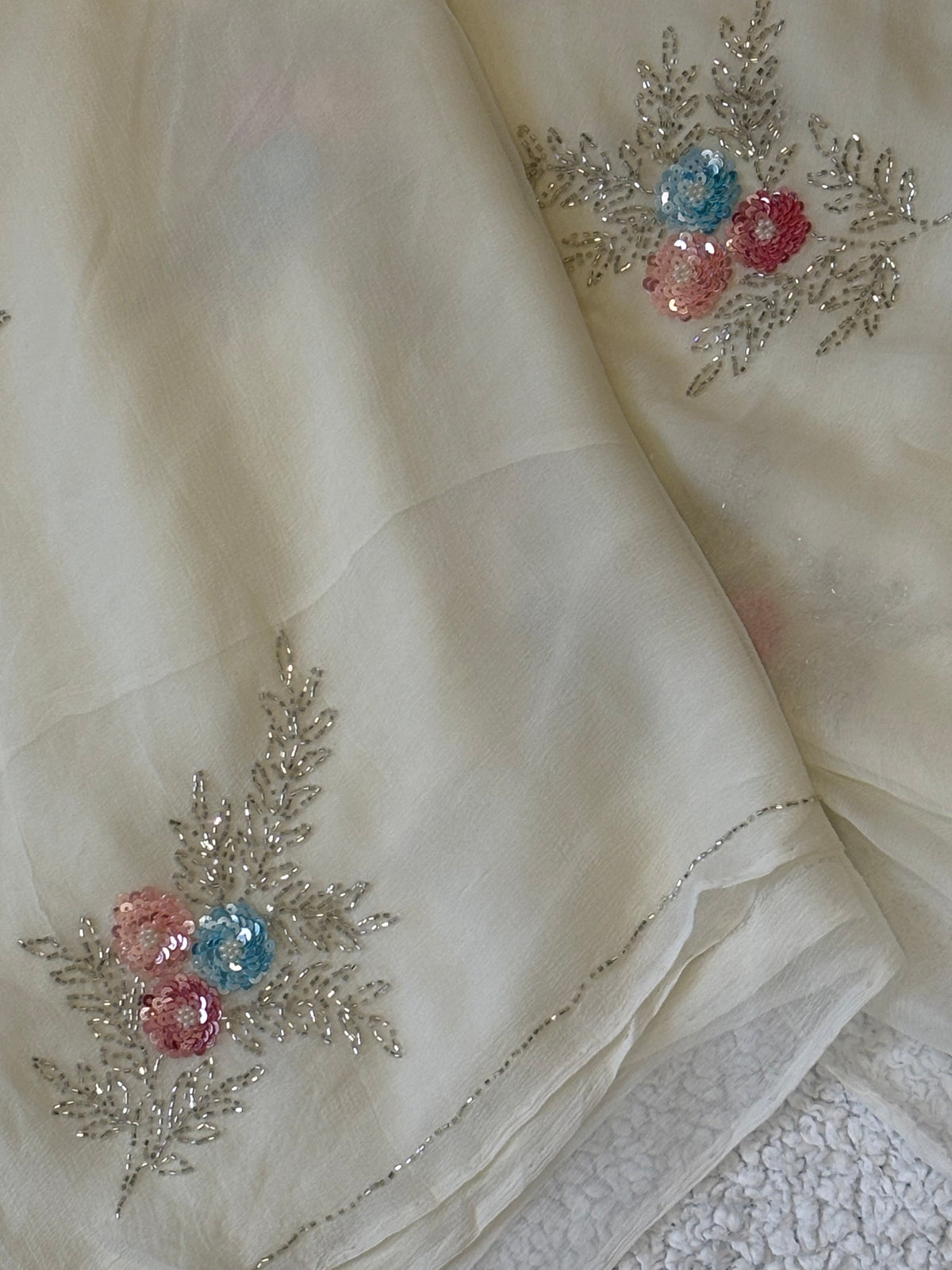 Roshni | Pure Chiffon Saree in Ivory with Sequin Floral Clusters
