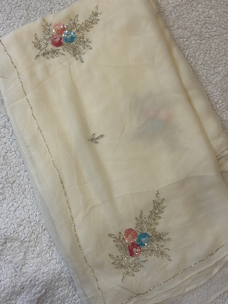 Roshni | Pure Chiffon Saree in Ivory with Sequin Floral Clusters