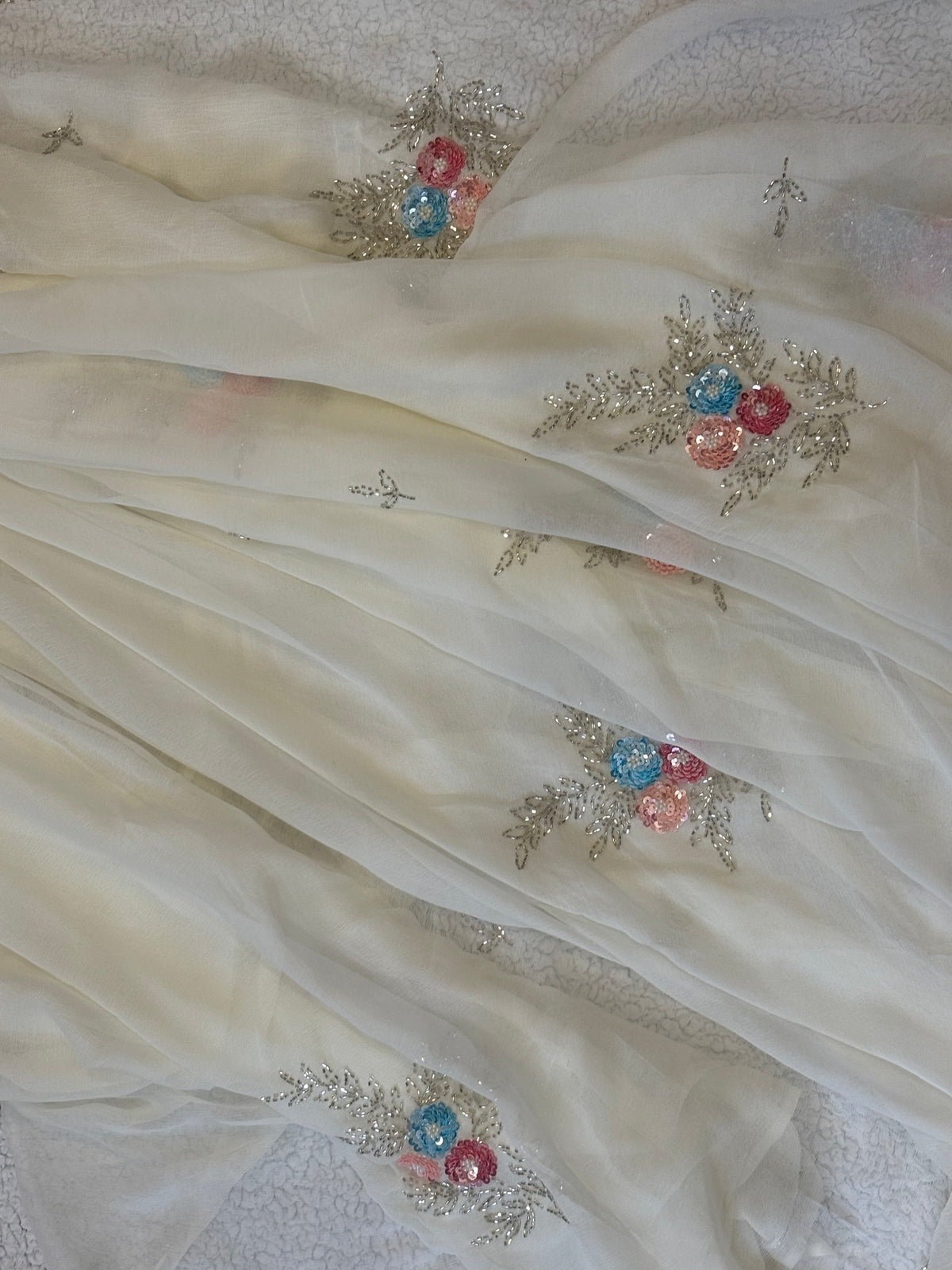 Roshni | Pure Chiffon Saree in Ivory with Sequin Floral Clusters