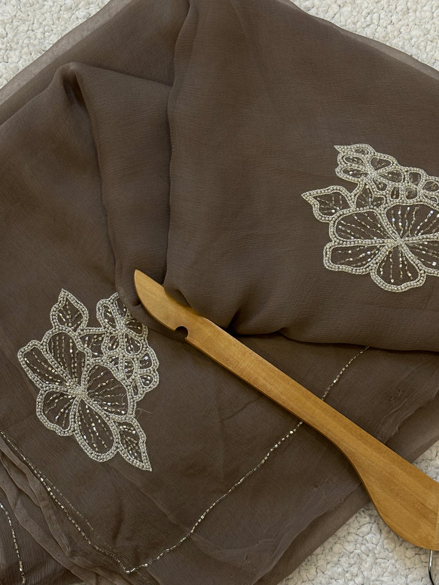 Nisha | Pure Chiffon Saree in Gray with Pearl and Bugle Bead Florals