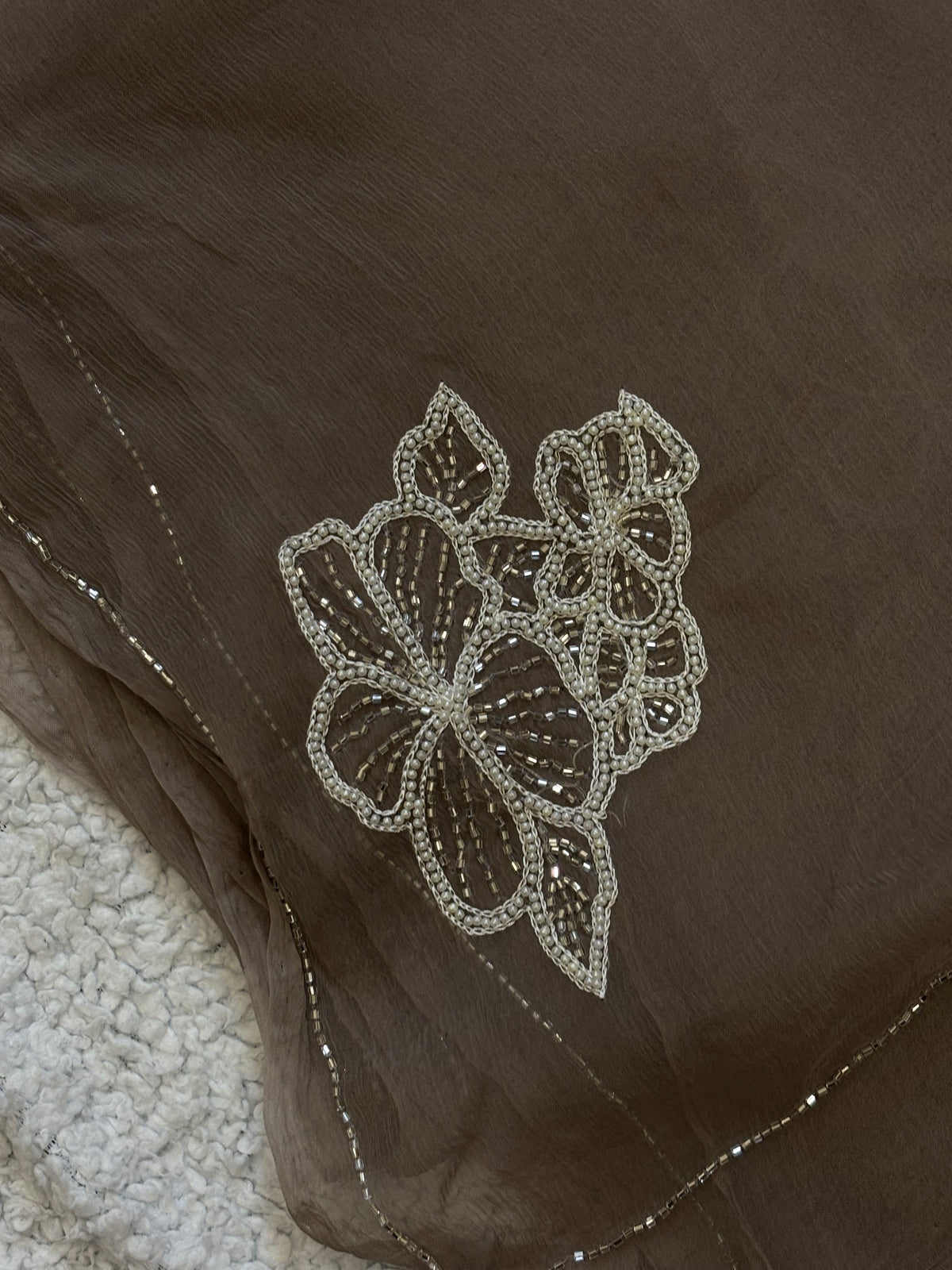 Nisha | Pure Chiffon Saree in Gray with Pearl and Bugle Bead Florals