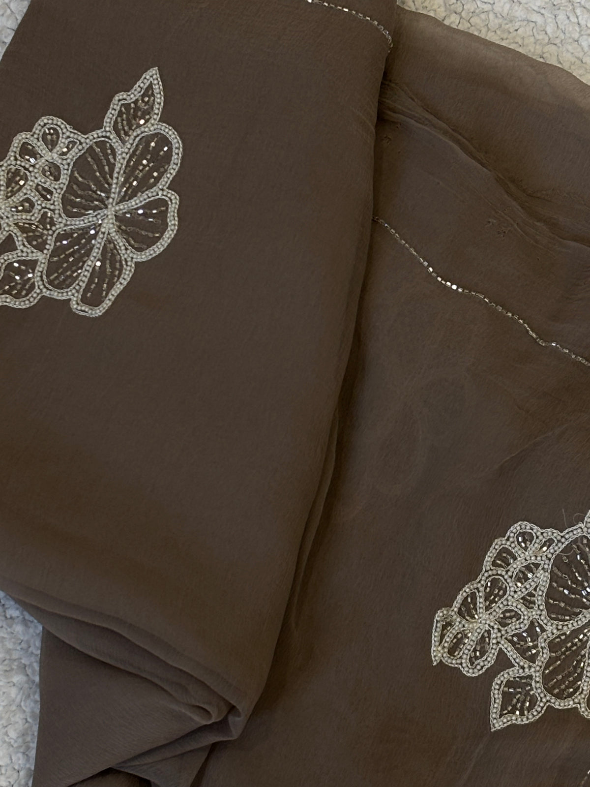 Nisha | Pure Chiffon Saree in Gray with Pearl and Bugle Bead Florals