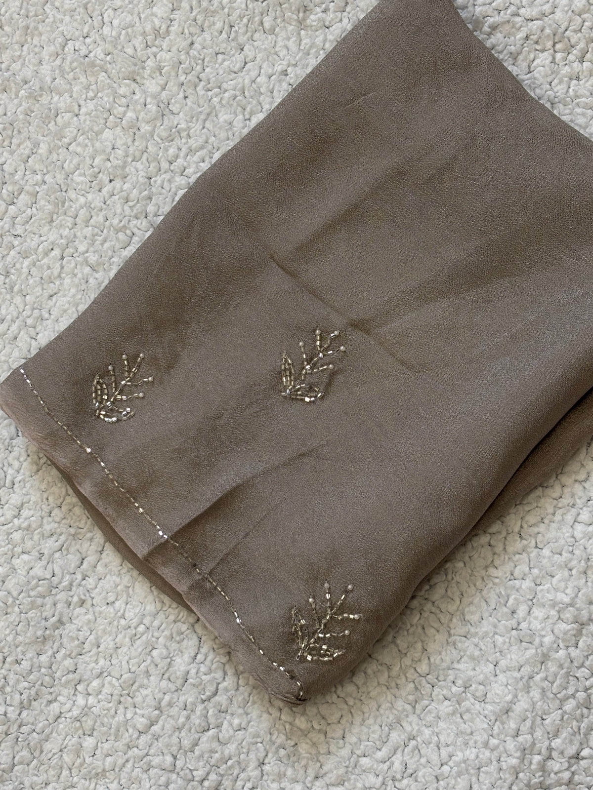 Nisha | Pure Chiffon Saree in Gray with Pearl and Bugle Bead Florals