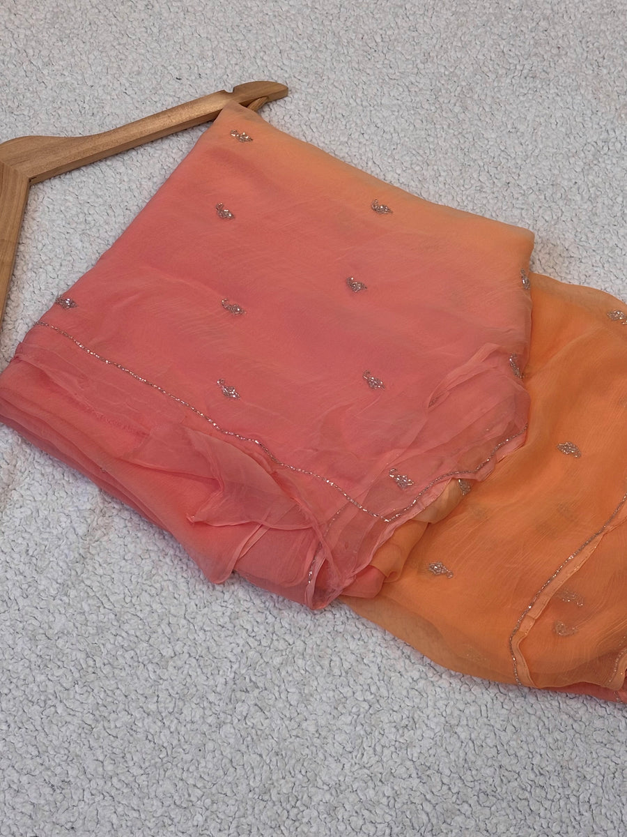 Rasaya | Pure Chiffon Ombré Saree with Hand-Beaded Paisley Buttis