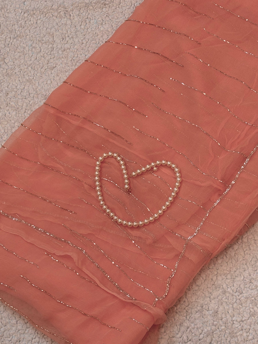 Nazakat | Pure Chiffon Saree in Blush Peach-Pink with Hand-Beaded Work