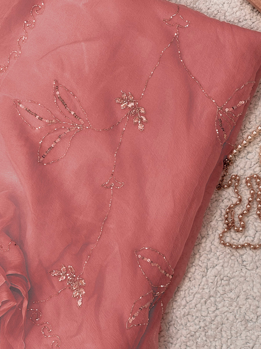 Sitara | Pure Chiffon Saree in Coral with Beaded Vine and Sequin Leaf Handwork
