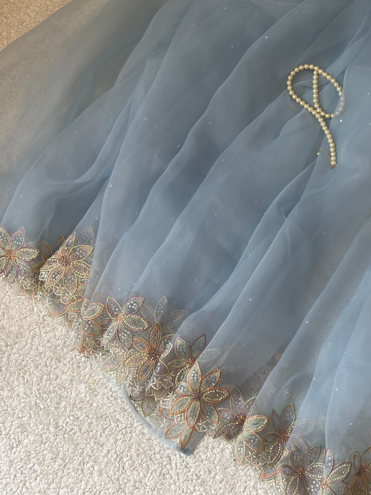 Falak | Pure Organza Saree in Powder Blue with Hand-Embroidered Floral Border and Moti Work