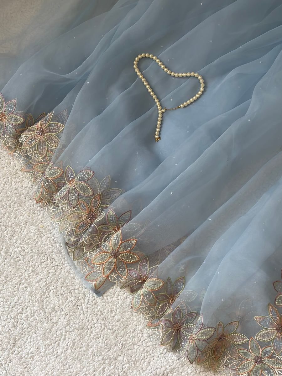 Falak | Pure Organza Saree in Powder Blue with Hand-Embroidered Floral Border and Moti Work