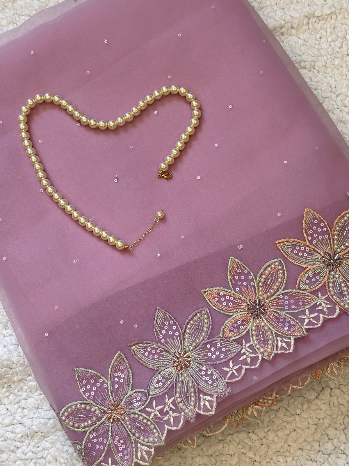 Lila | Pure Organza Saree in Lilac with Hand-Embroidered Floral Border and Moti Work