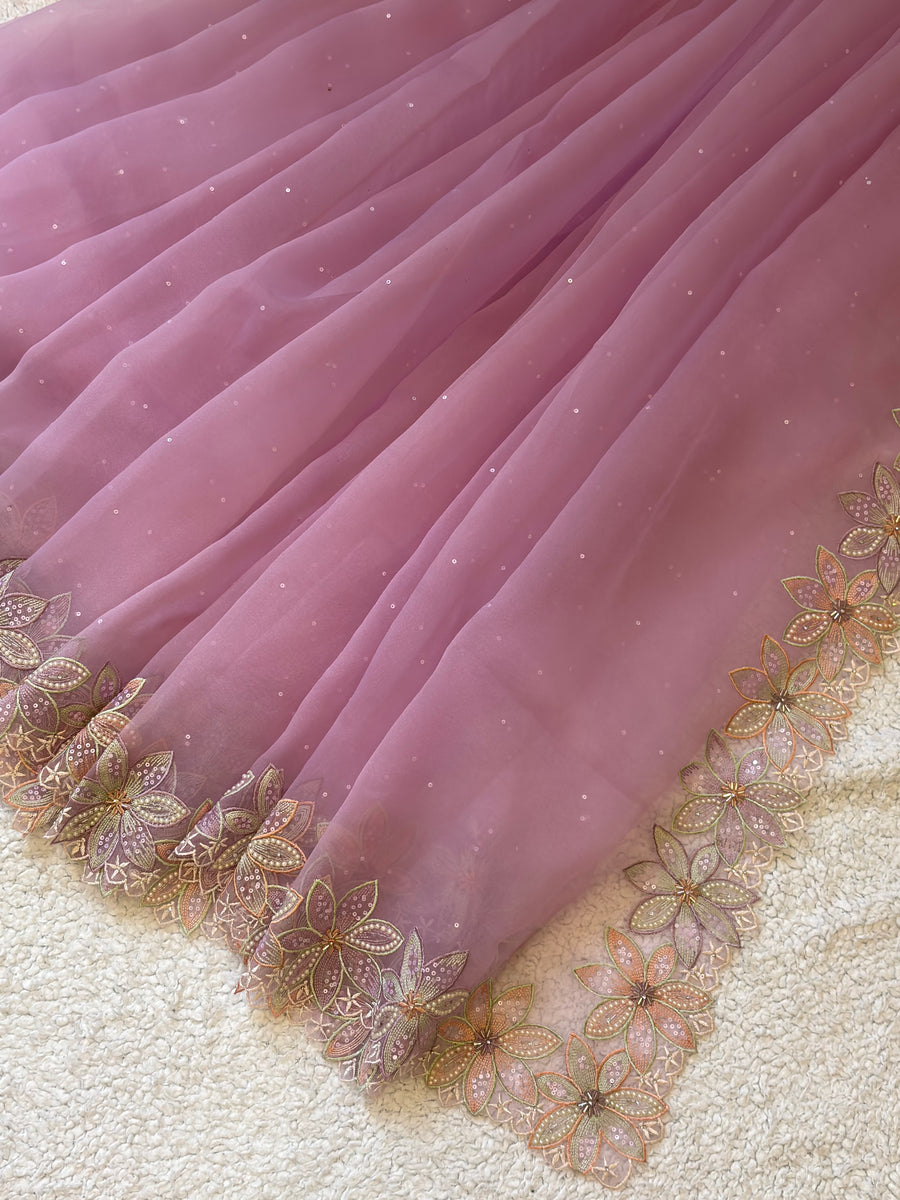 Lila | Pure Organza Saree in Lilac with Hand-Embroidered Floral Border and Moti Work
