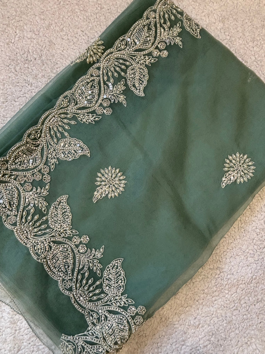 Diya | Tissue Organza Saree in Light Sage Green with Hand-Embellished Moti Work