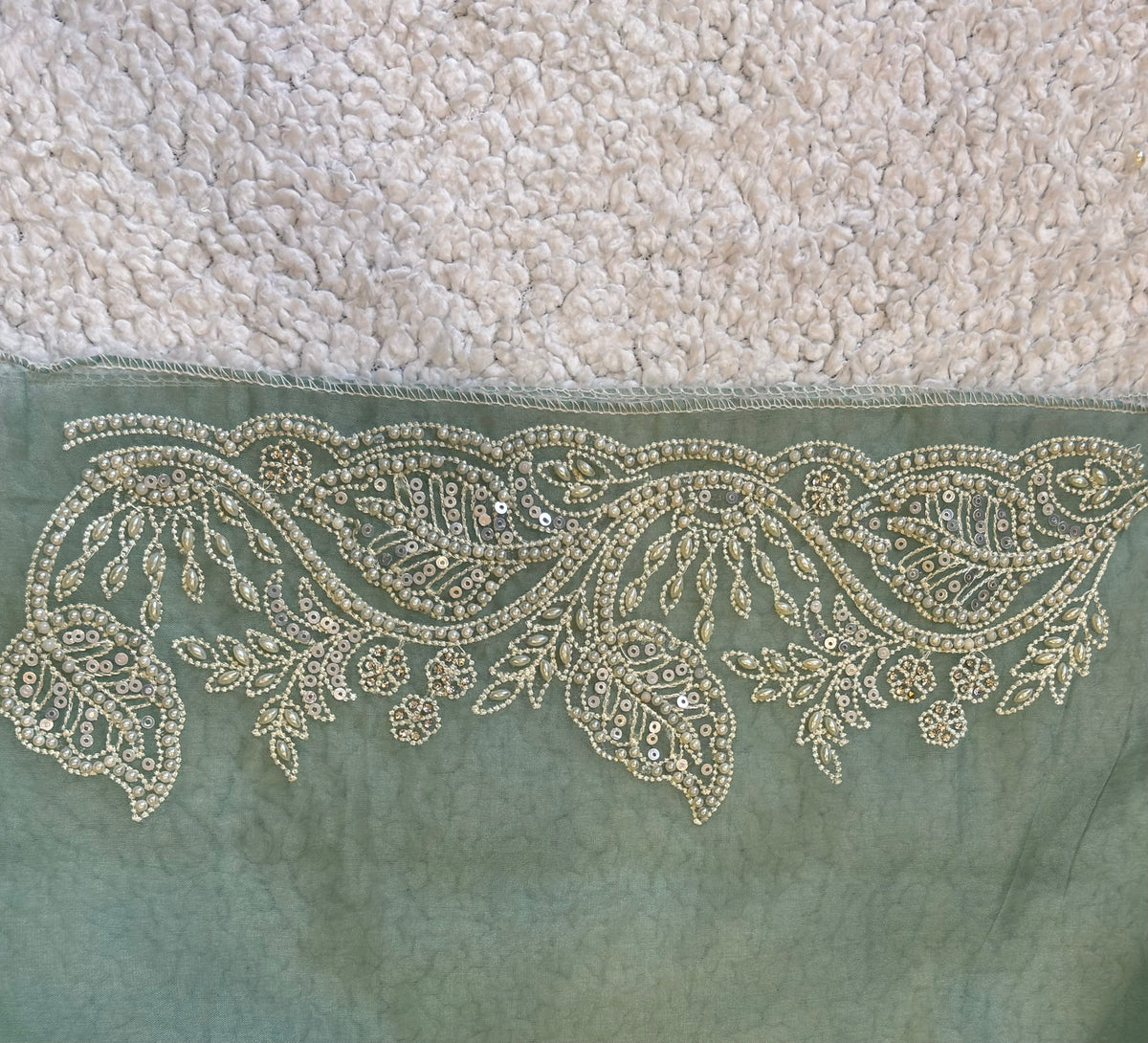 Diya | Tissue Organza Saree in Light Sage Green with Hand-Embellished Moti Work